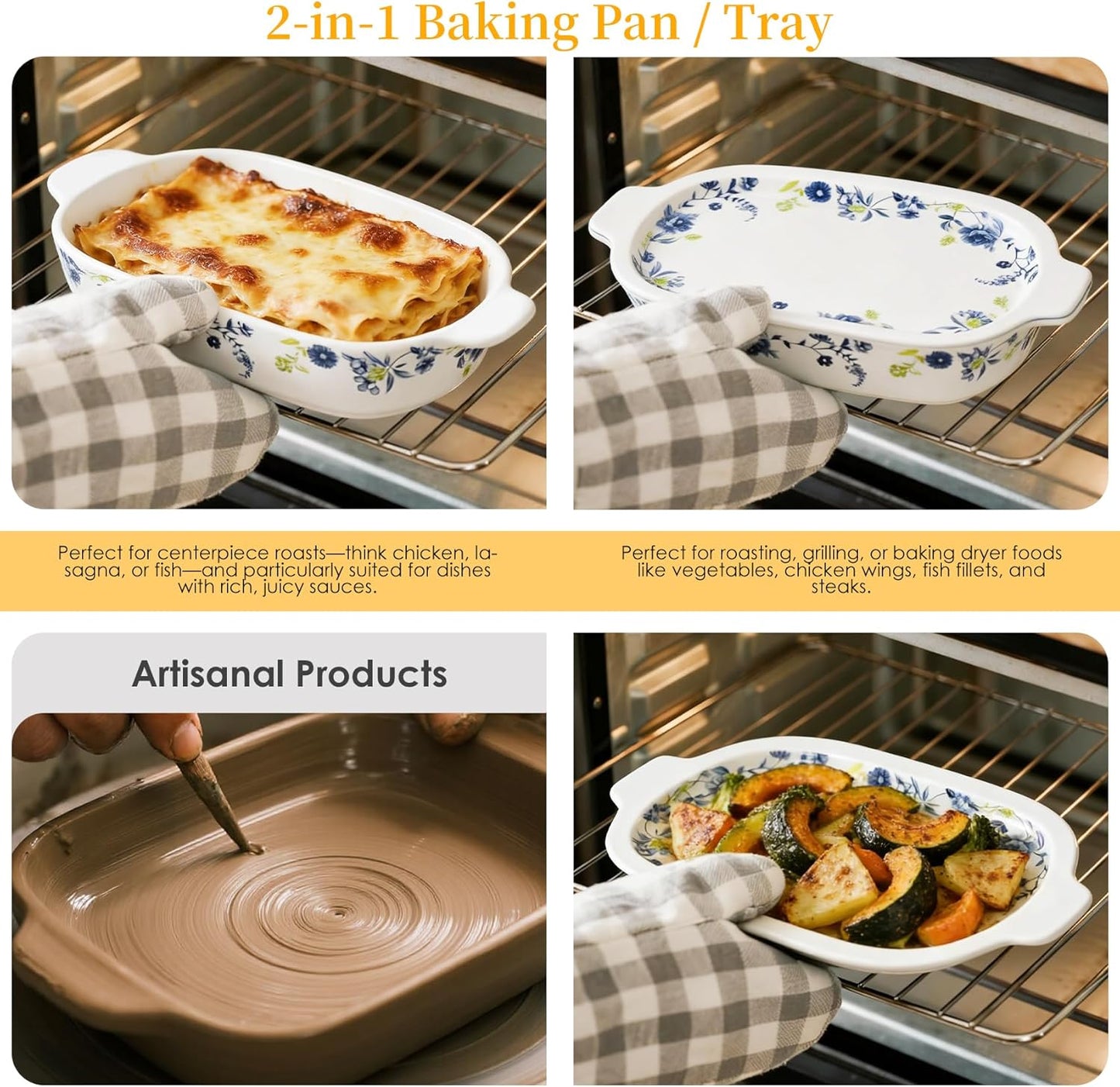 Skiennix Ceramic Casserole Dish Set - 4-Piece Bakeware with Lids | Oven & Microwave Safe, 13x8 & 9x6 Inch