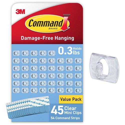 Command Clear Indoor Mini Light Clips Value Pack, 45 Clips, 54 Strips, Damage-Free String Light Hangers for Home, Room, Wall, Office, and Dorm Decor, Great for Cable Management, Holds up to 0.3 lb
