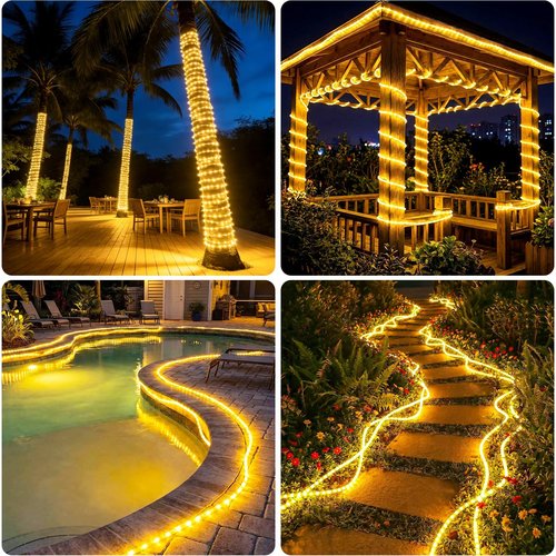 Fairdeer Solar Rope Lights, 33FT 100 LED Solar Fairy Lights with 8 Lighting Modes, IP65 Waterproof Strip Light Outdoor for Garden Yard Patio Deck Fence Tree Party Holiday Decoration, Warm White