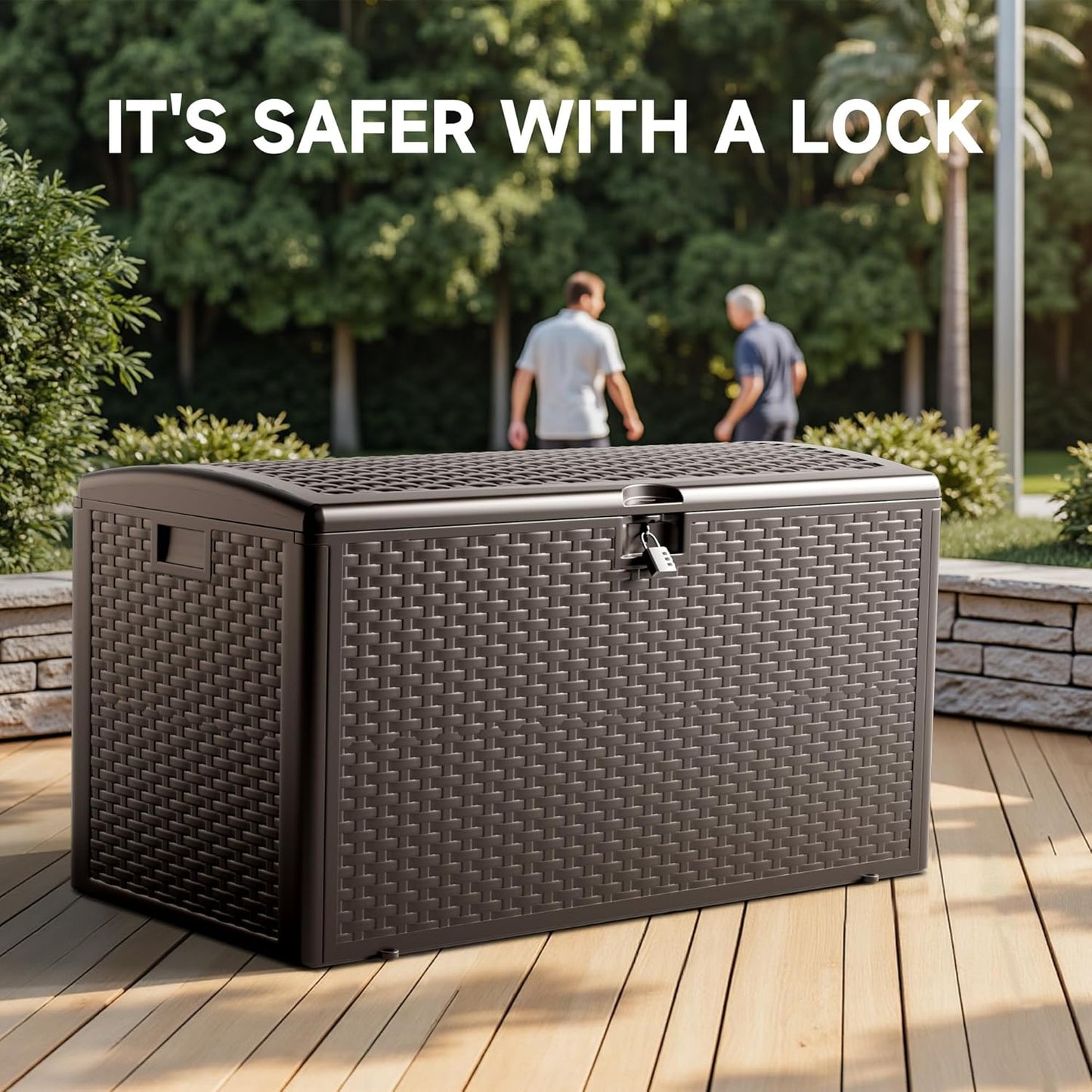 Skiennix 90 Gallon Deck Box - Lockable Lid, Waterproof Resin with UV Protection for Patio & Garden Storage (Brown)