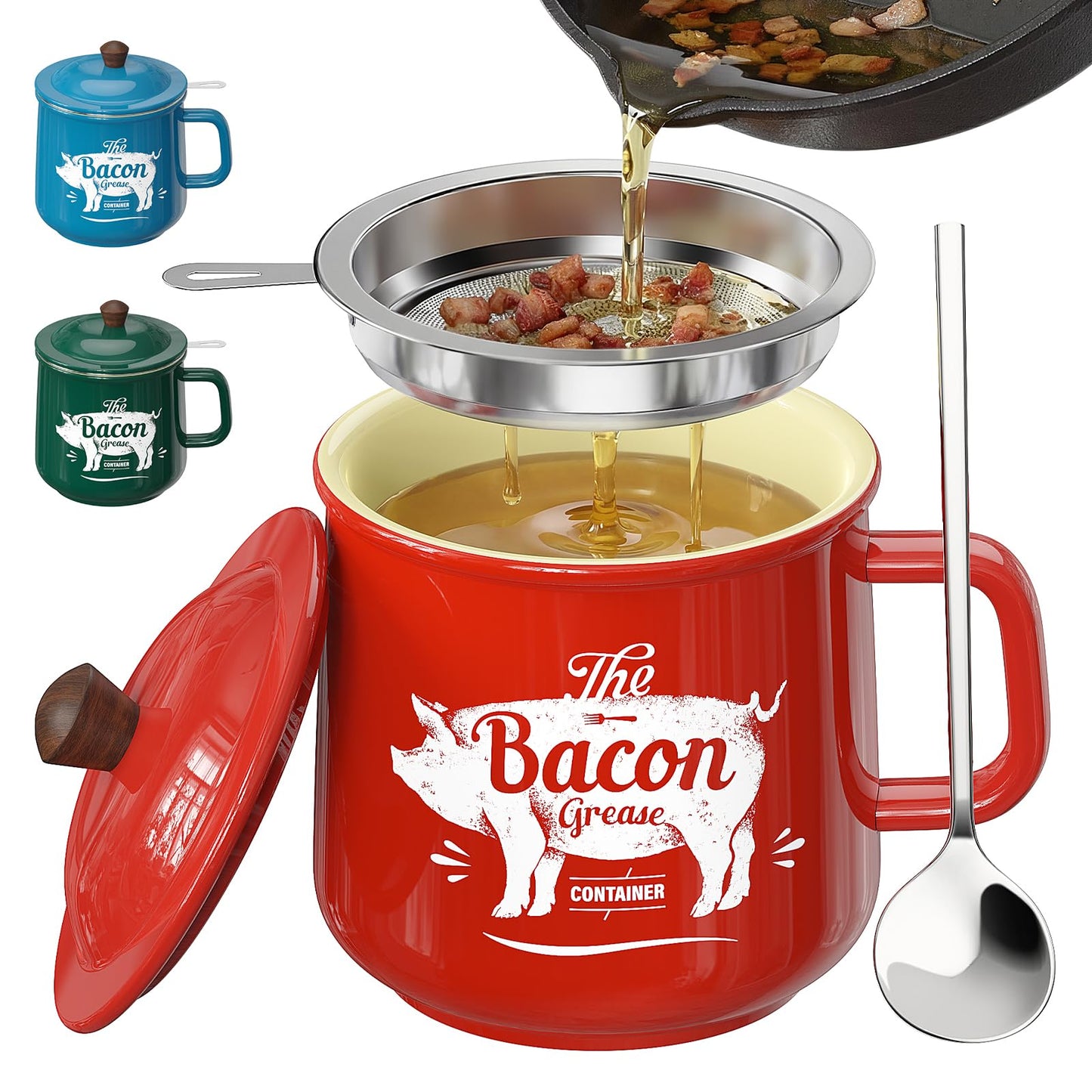 PGYARD Ceramic Bacon Grease Saver With Strainer - 23OZ Bacon Grease Container Farmhouse Keeper For Kitchen Fat Storage-Red