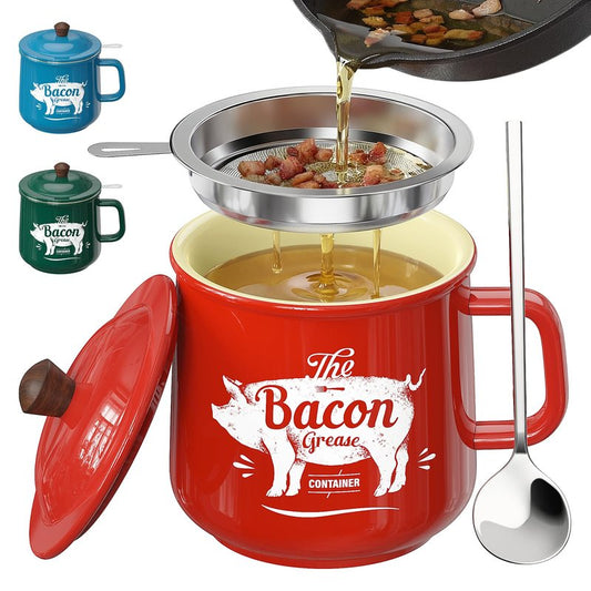 PGYARD Ceramic Bacon Grease Saver With Strainer - 23OZ Bacon Grease Container Farmhouse Keeper For Kitchen Fat Storage-Red