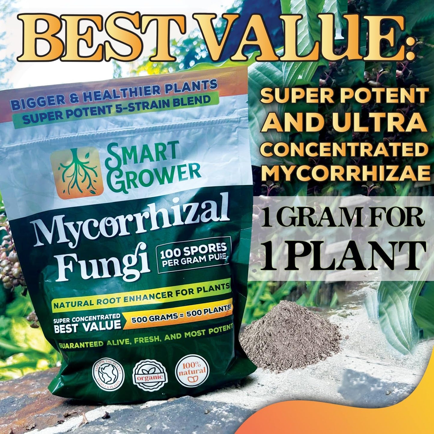 Mycorrhizae Smart Grower | Organic Root Enhancer for Plants - 100 Spores/G, 5-Strain Blend, 125g for 125 Plants