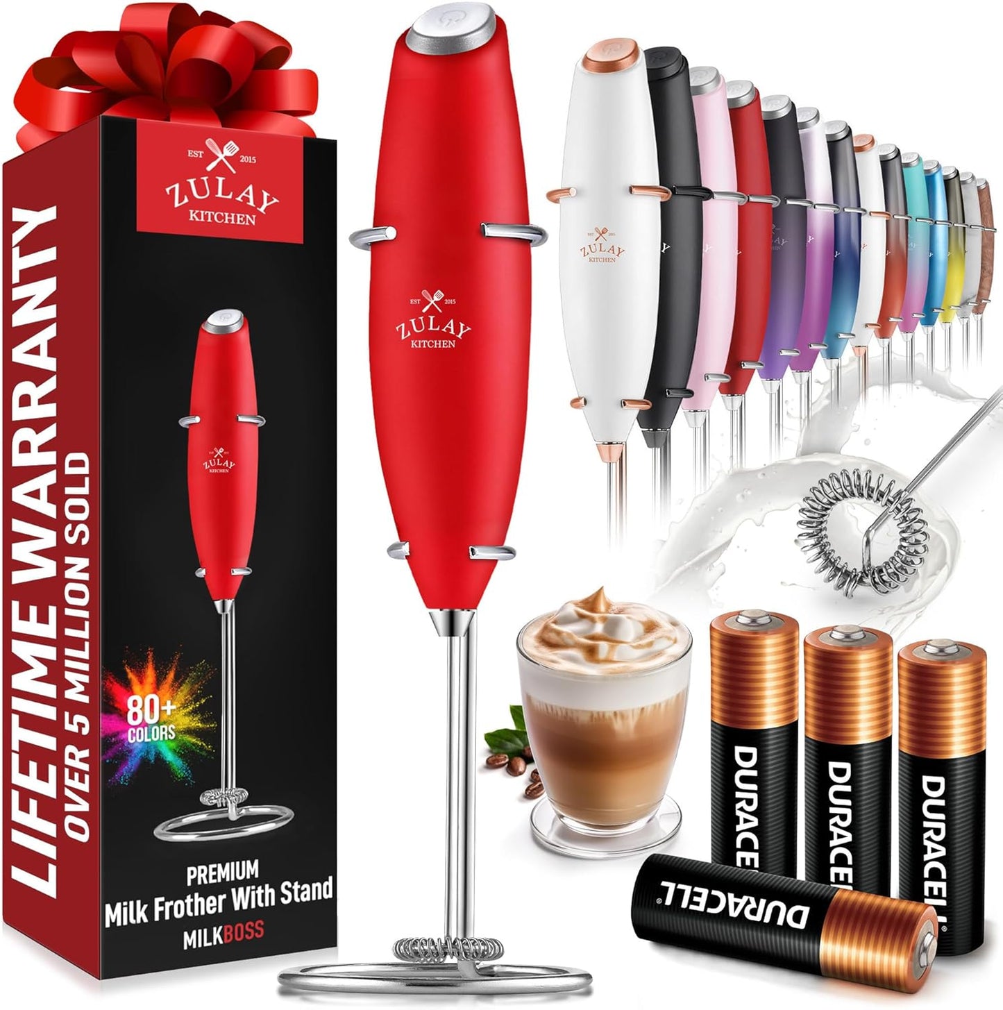 Zulay Kitchen Milk Frother Wand - Ultra-Fast Handheld Electric Whisk for Coffee & Lattes - Cardinal Red