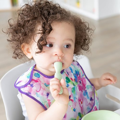 Bumkins Baby Utensil Set - Silicone Trainer Spoons for Self-Feeding | Soft Tip, 3-Pack in Blue & Green