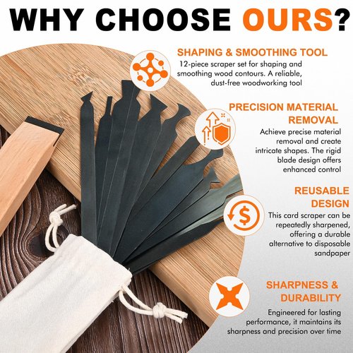 12-PCS Cabinet Scraper Set with Burnisher - Multi-Shaped Card Scrapers for Woodworking, Precision Wood Scraper Kit for Fine Finishing & Shape Shaping, Handcrafted Card Scraper for Woodworking Project