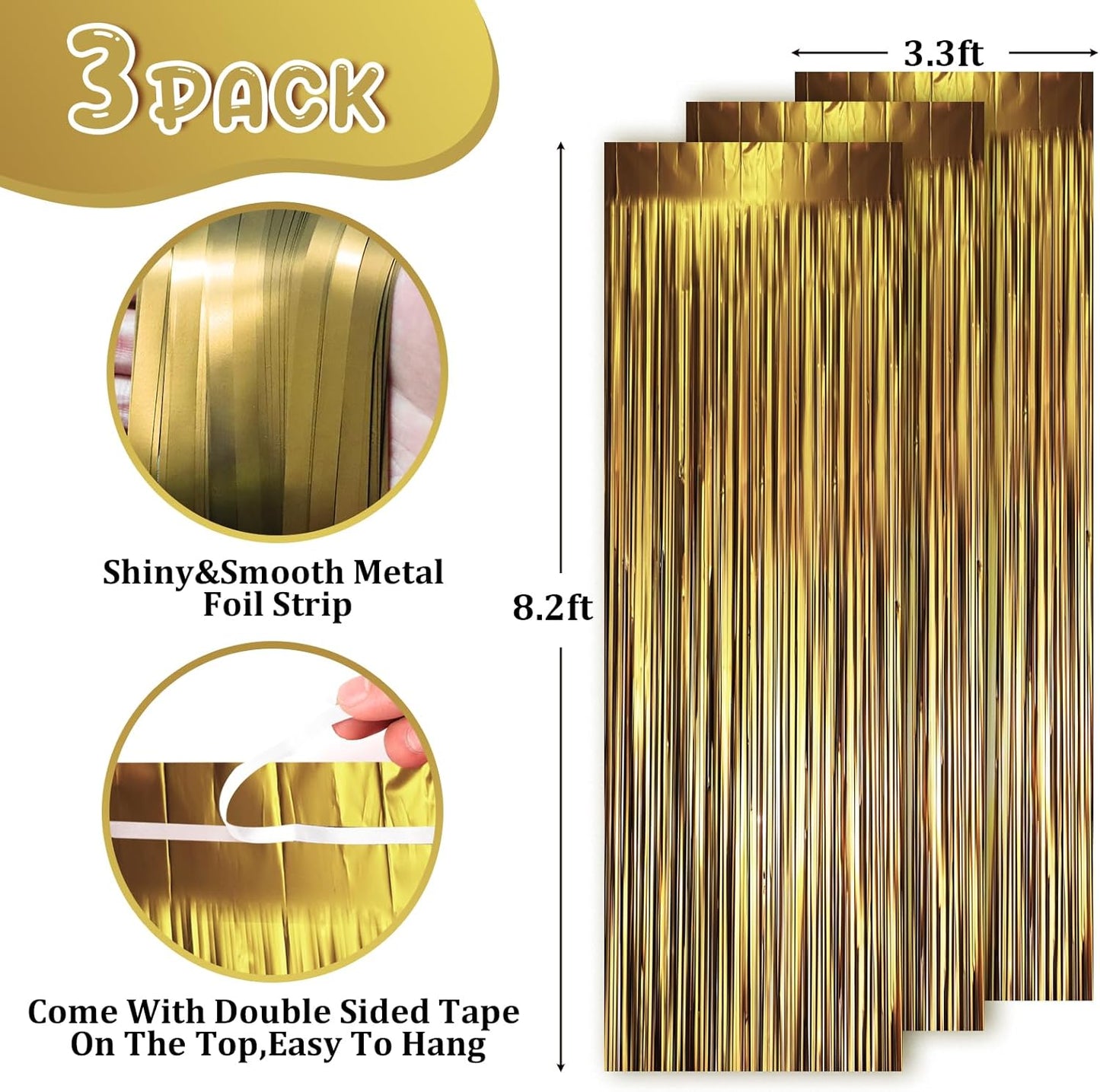 Voircoloria Matte Dark Gold Foil Fringe Backdrop Curtains - 3 Pack Tinsel Streamers for Parties | 3.3 x 8.2 ft