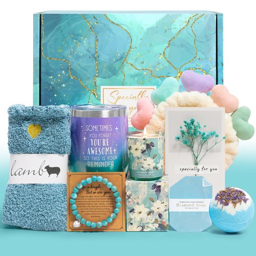 Get Well Gifts for Women, 9pc Happy Birthday Self Care Package Spa Bath Blue Gift Box for Women Who Have Everything New Mom Girl Grandma Coworkers Mother Christmas