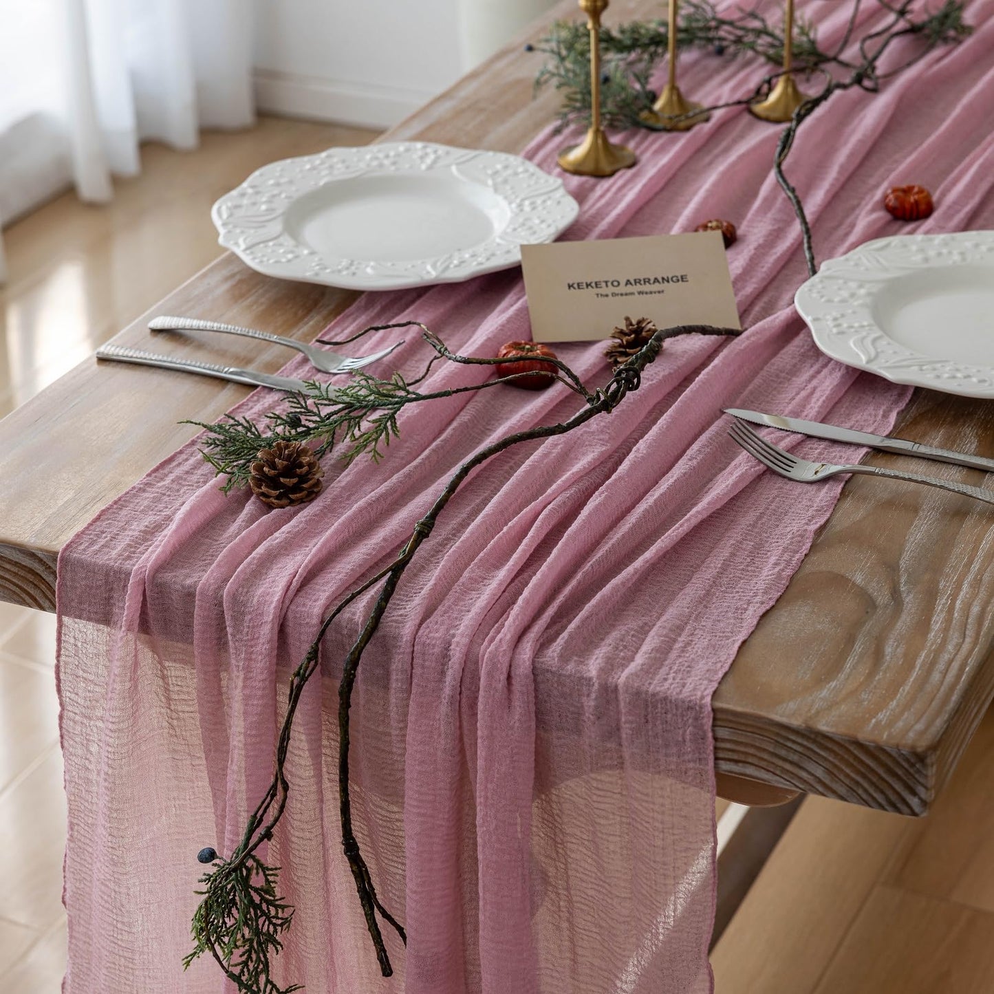 Keketoarrange Dusty Rose Mothers Day Cheesecloth Table Runner Gauze 120 Inch 10 FT Rustic Boho Cheese Cloth Runner for Wedding Baby Shower Bridal Shower Garden Party Sheer Spring Home Decorations