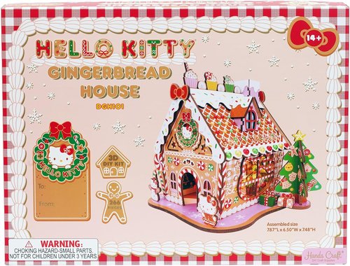 Hands Craft Hello Kitty Gingerbread House Kit - DIY Wooden 3D Puzzle for Holiday Decor | Fun Craft for Ages 14+