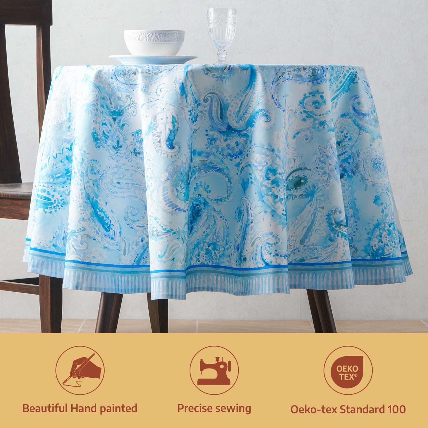 Maison d'Hermine Premium Table Cloth Round Table 100% Cotton 70 Inches Tablecloth Reusable Decorative Everyday Use for Dining Room, Farmhouse, Home, Party, Festive & Wedding - Paisley Blues