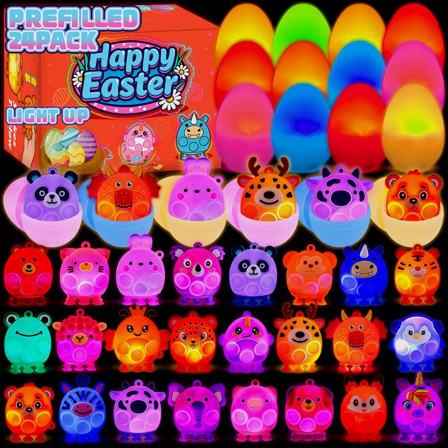 ChildFun Prefilled Easter Eggs with Light Up 3D Animal Pop Toys, 24 Pack Easter Eggs Filled, Easter Basket Stuffers for Toddler Eggs Hunt, Glow in The Dark Easter Egg, Easter Gifts for Kids