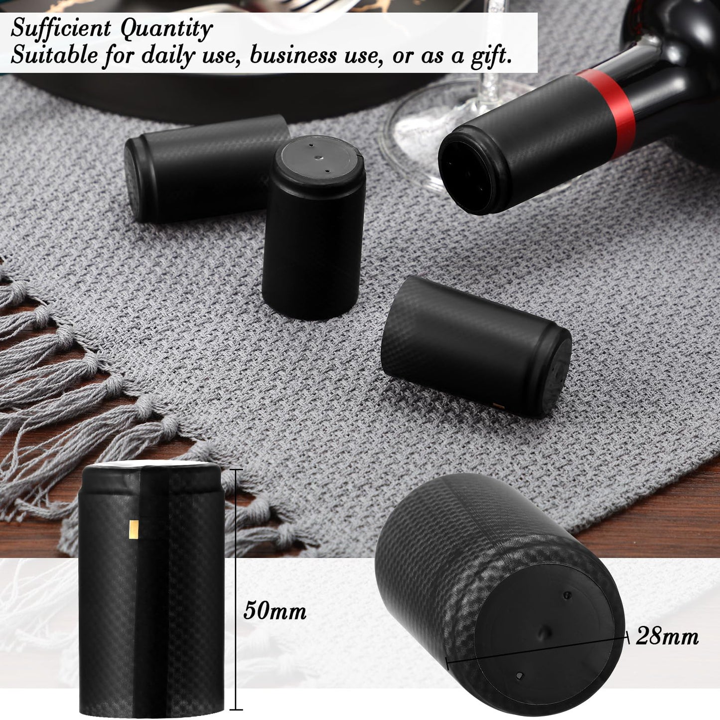 Zonon 200 Pieces PVC Heat Shrink Capsules Hot Sauce Bottles 28 x 50mm Wine Woozy Bottles Capsules Shrink Caps,5oz 10oz (Black)