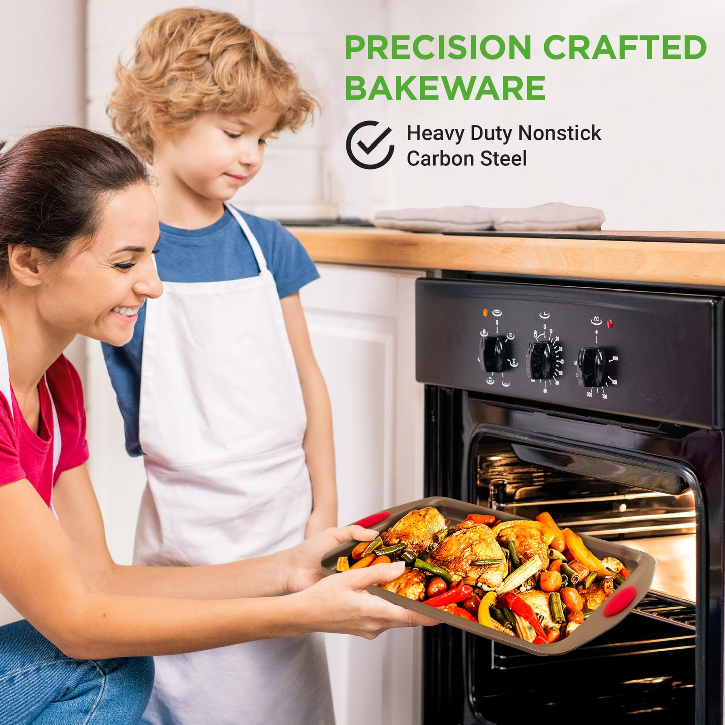 NutriChef 6-Piece Baking Pan Set - PFOA, PFOS, PTFE Free Flexible Nonstick Golden Coating Carbon Steel Bakeware - Professional Home Kitchen Bake Cookie Sheet Stackable Tray w/Red Silicone Handles