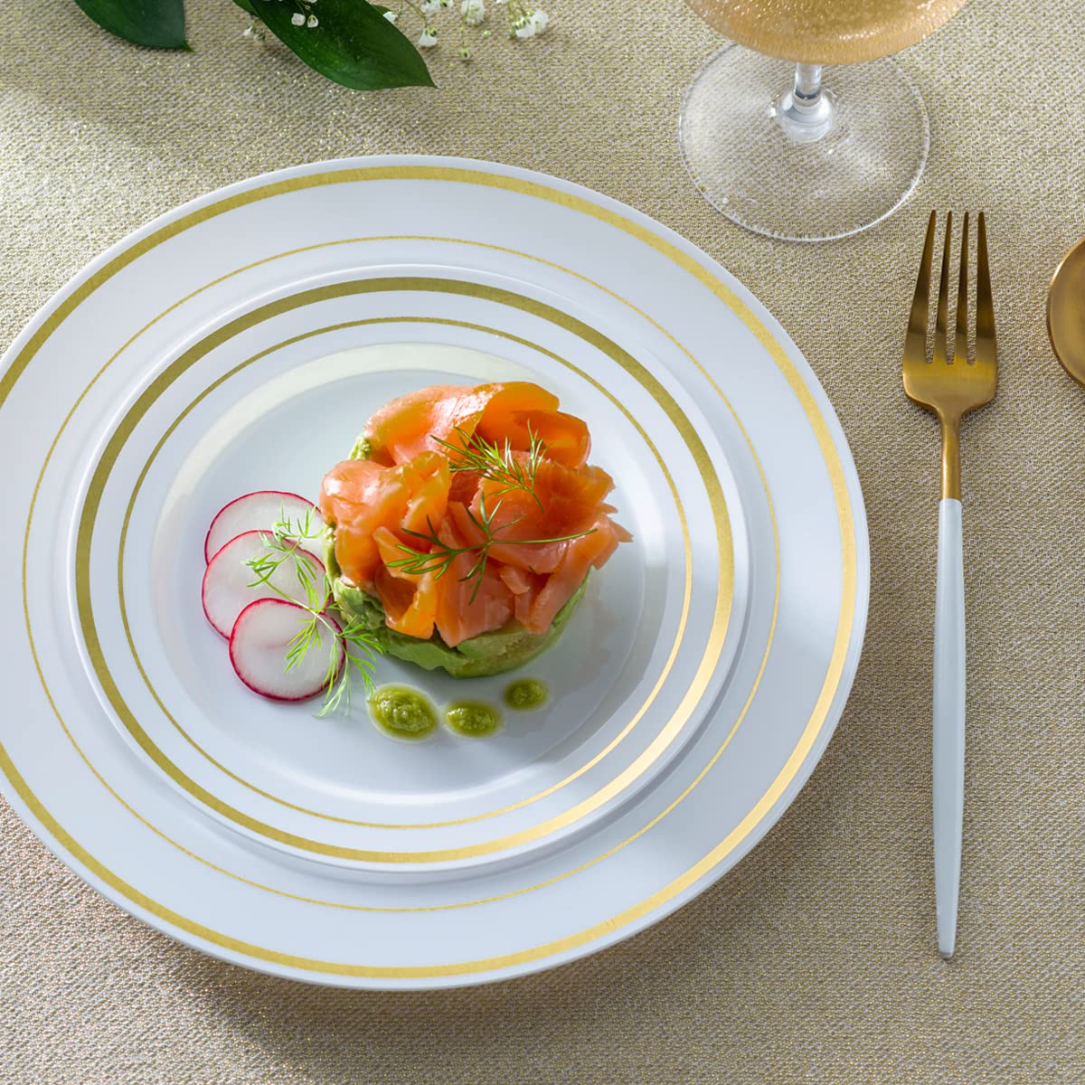 SETUP 60-Piece Gold Trim Plastic Dinnerware Set – 30 10.25" Dinner & 30 7.5" Salad Plates – Heavy-Duty Disposable for Weddings, Catering, Parties