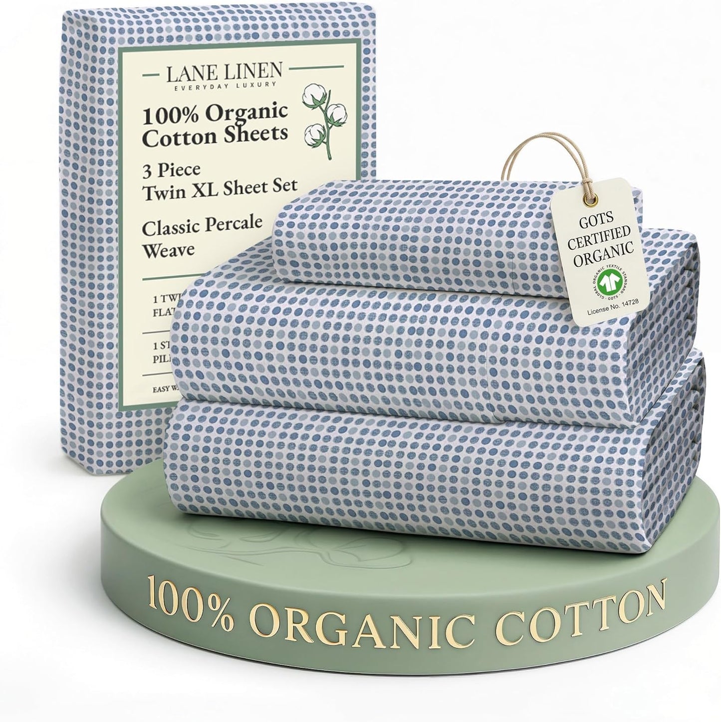 Lane Linen 100% Organic Cotton Twin XL Sheets - Fade Resistant, Temperature Regulating, Polka Dot Blue