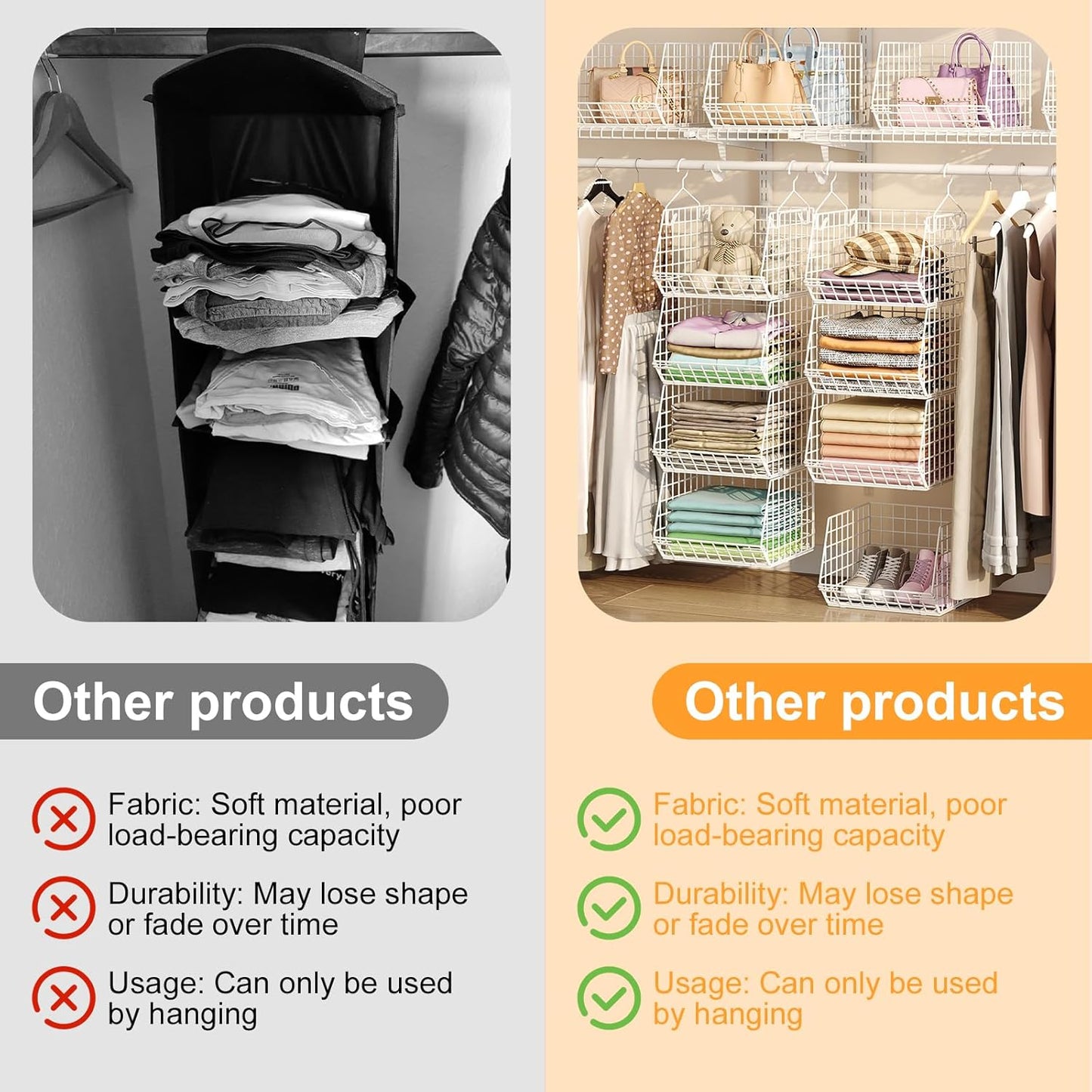 X-cosrack 4-Tier Closet Organizer - Foldable Shelving with Hooks & Storage Baskets | Patent White
