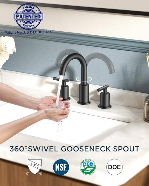 FORIOUS Black Bathroom Faucet - 8 Inch Widespread Matte Black Sink Faucet with 360° Swivel Spout | Includes Pop-Up Drain