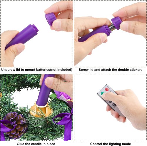 Fovths 12-Inch Christmas Advent Wreath - Flameless Taper Candles with Remote Control | Purple Centerpiece Decor