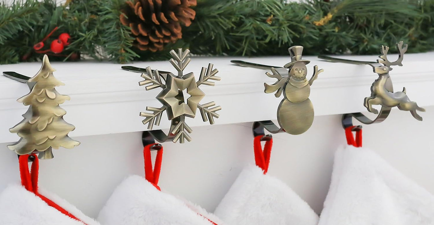 Gold MantleClip Stocking Holders Set - 4-Pack Removable ZINC Alloy Holiday Icons