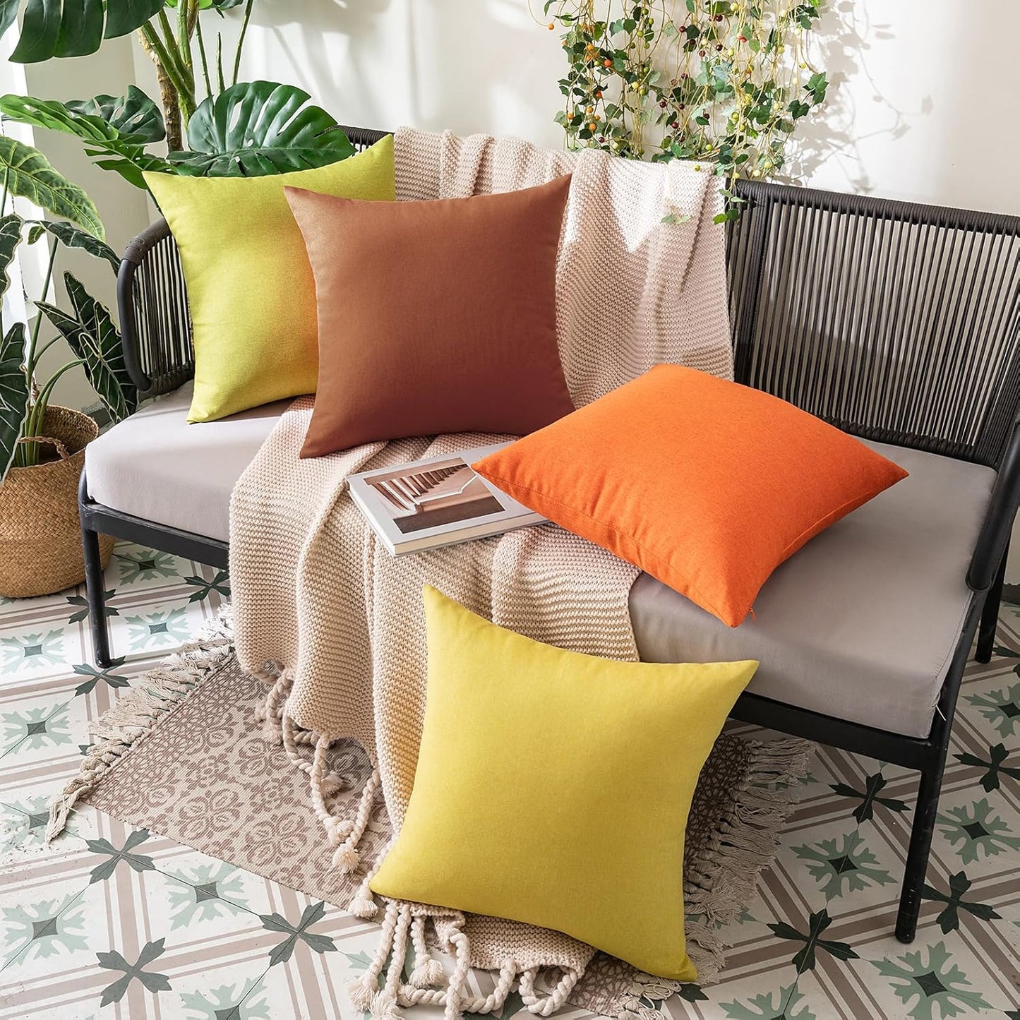 MIULEE Decorative Outdoor Throw Pillow Covers - Waterproof Faux Linen Cushion Cases | 18x18 Inch Bright Orange (Pack of 2)