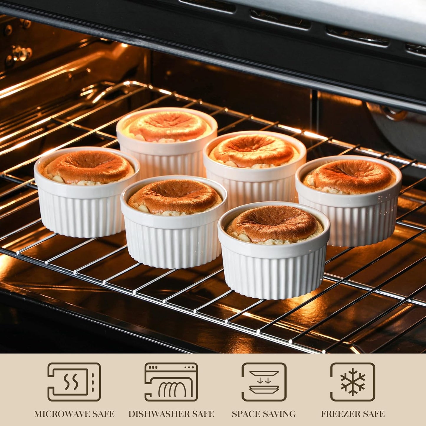 MALACASA Ramekins - 8 Oz Oven Safe Porcelain Baking Cups for Creme Brulee & Pudding | Set of 6 White