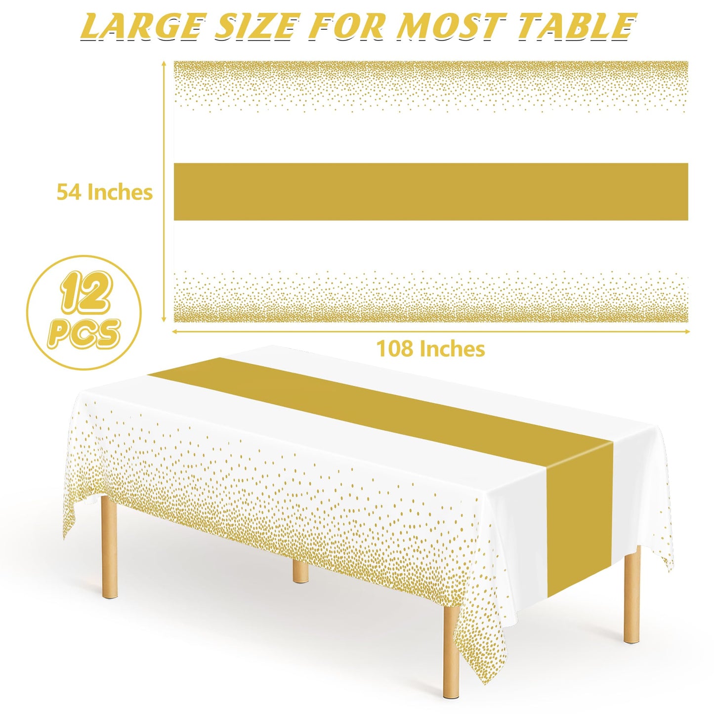 QZYL 12Pack Table Cloth Rectangle Tables, 54" x 108" Disposable Party White Table Cloths with Gold Dot, Waterproof Table Covers for Birthday Outdoor Wedding New Year Eve Birthday Decorations Supplies