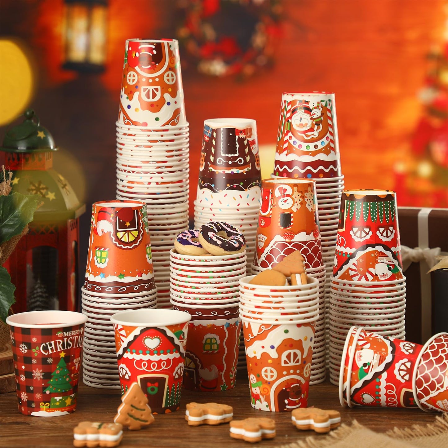 Zhehao 200 Pcs Christmas 9 oz Paper Cups Disposable Coffee Cups Santa Snowman Elk Disposable Hot Cups Xmas Party Drinkware Supplies for Holiday Tea Beverage Cocoa Cold Hot Drink (Gingerbread Style)