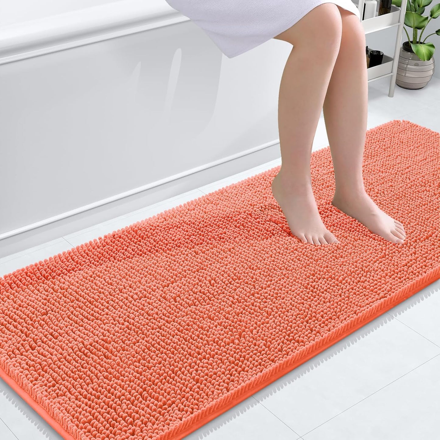 OLANLY Bathroom Runner Rugs - Extra Soft Chenille Bath Mats | Quick Dry, Machine Washable, 59x24, Coral