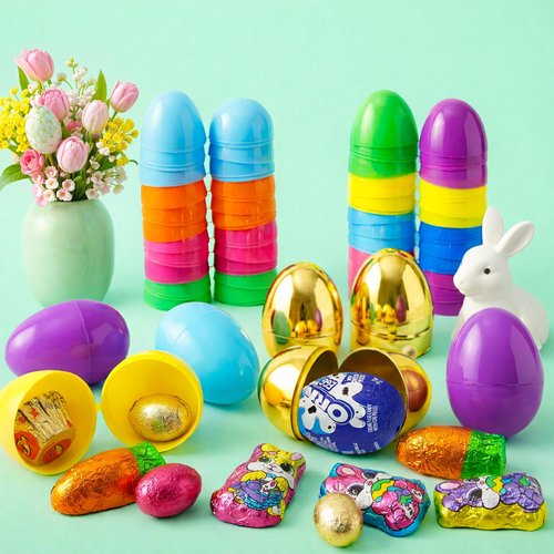 Easter Candy with Fillable Plastic Eggs Bundle - Pack Of 24 Plastic Eggs With Assorted Chocolate Candy for Filling - Holiday Party Treats & Easter Basket Stuffers