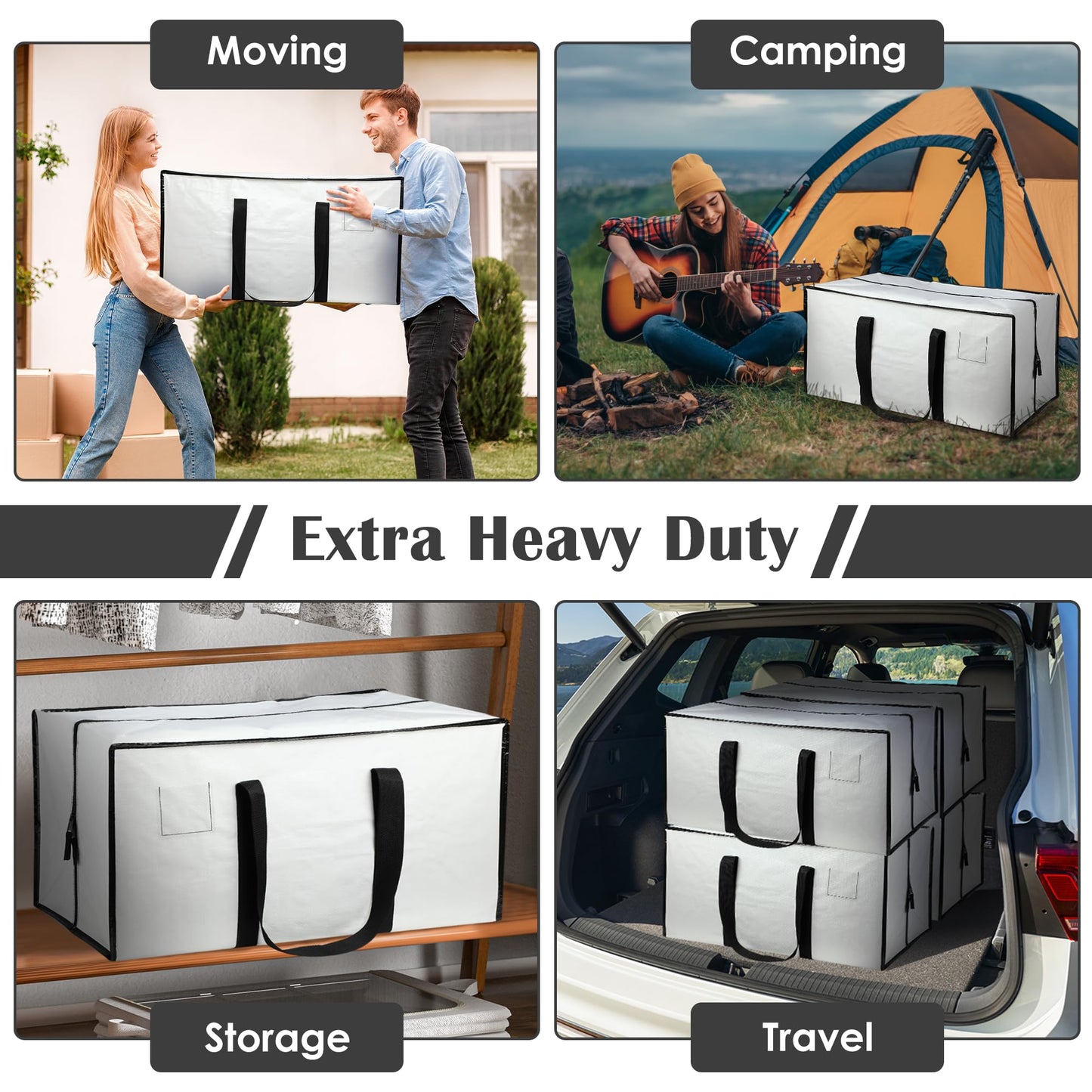 RMOHRO 12 Pack Moving Bags with Full-Open Side Zipper, Extra Large 93L Heavy Duty Waterproof Foldable Storage Totes for College Dorm, Moving & Home Organization,White