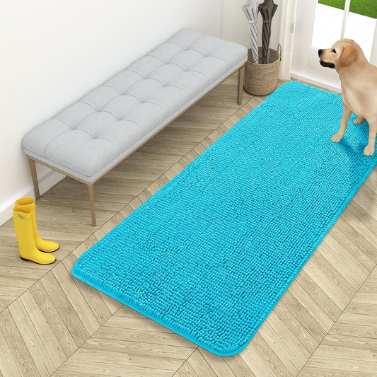 OLANLY Dog Door Mat - Absorbent Non-Slip Chenille Mud Mat for Indoor Use | 54x24, Aqua Blue