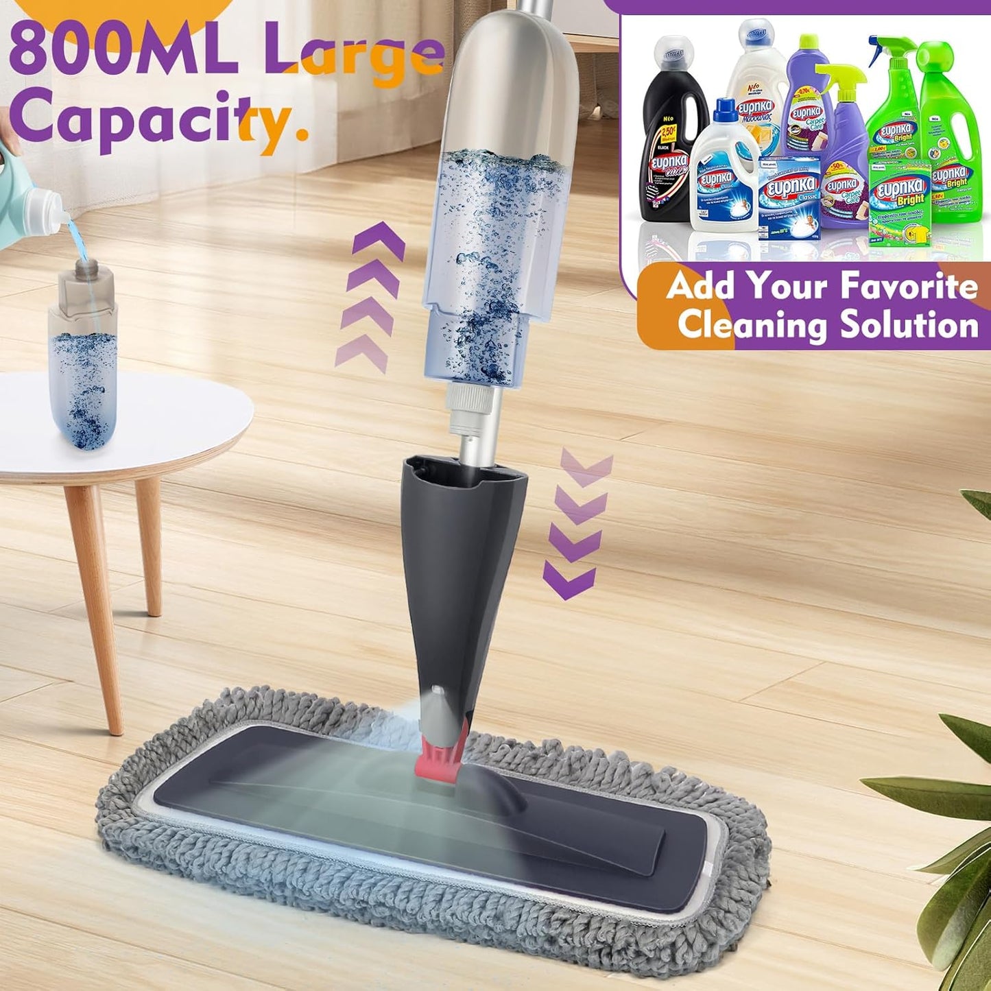 Skiennix Spray Mop - Microfiber Floor Cleaning Mop with Washable Pads & 800ml Refillable Bottle