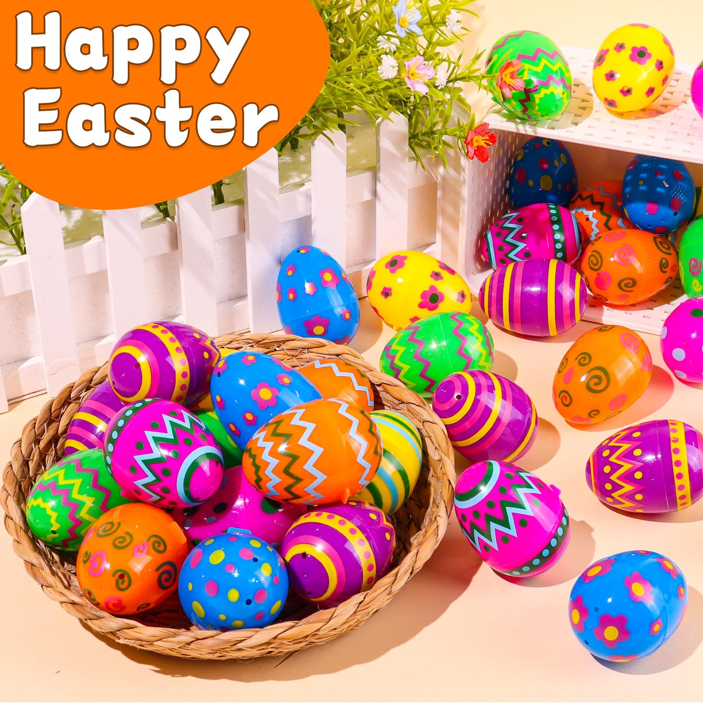 NAWITDA 60 Pack 2.4 Inch Plastic Printed Easter Eggs, Empty Fillable Eggs Bulk for Easter Egg Hunt, Easter Basket Stuffers Fillers, Classroom Prize Supplies, Filling Treats and Party Favors