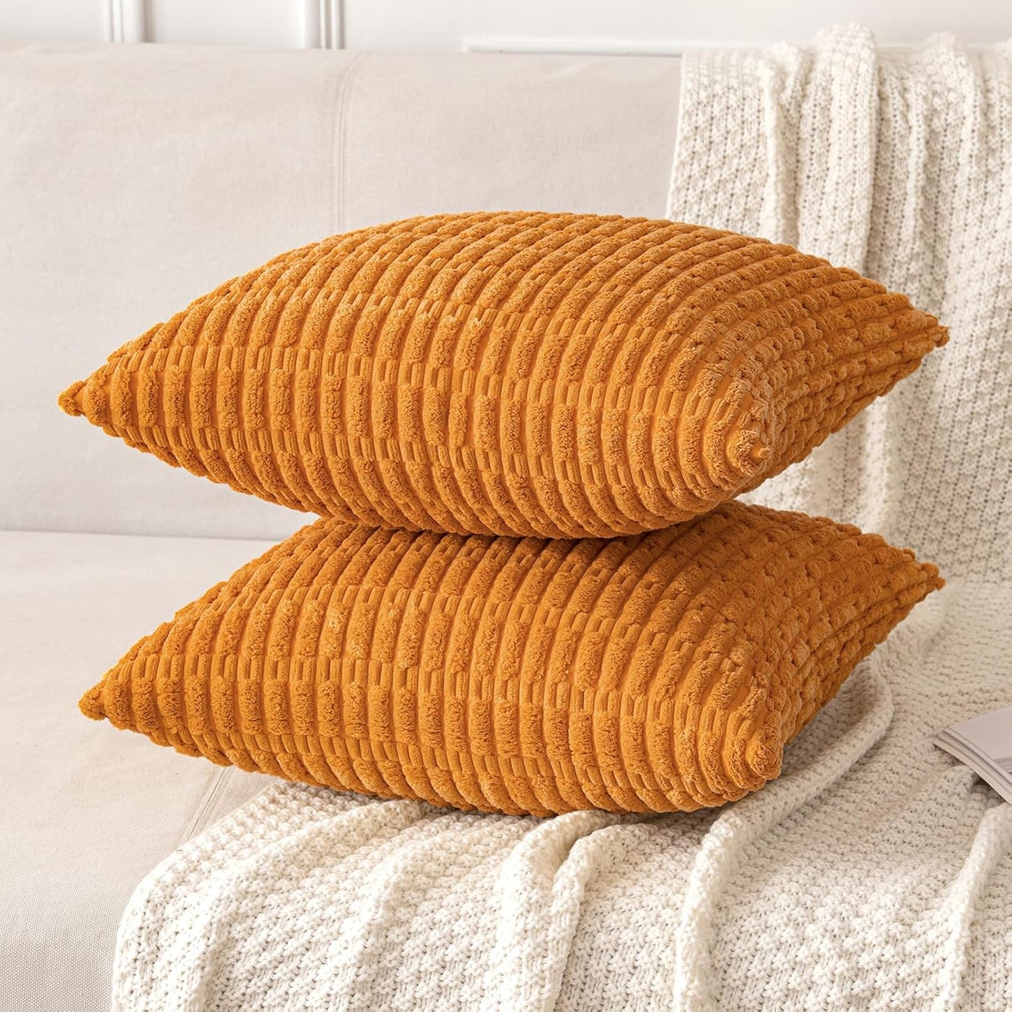 MIULEE Burnt Orange Corduroy Pillow Covers - Soft Boho Striped Design | 18x18 Inch for Modern Farmhouse Decor