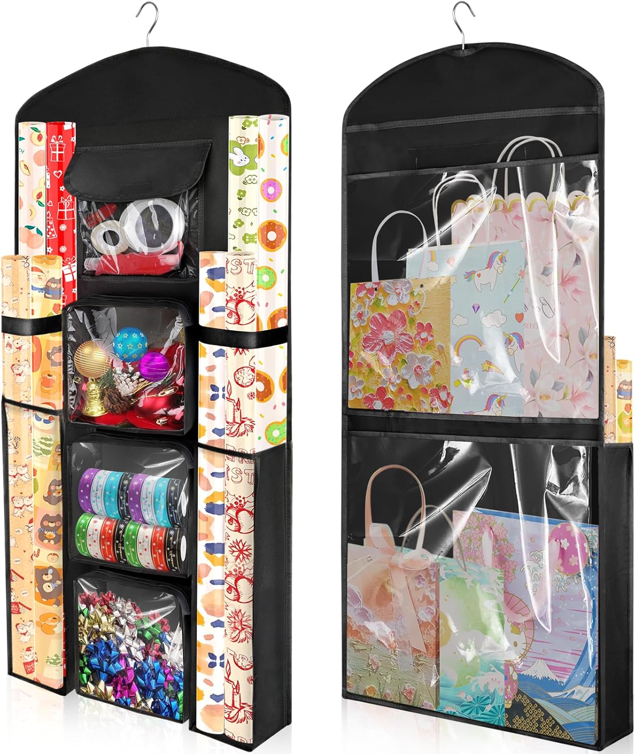 Woodoulogy Gift Wrapping Paper Storage Bag - 40"X17" Double-Sided Black Organizer for Christmas Wrap