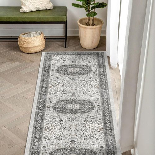 **Hallway 2x6 Washable Runner Rug - Oriental Stain Resistant | Ultra Soft Non-Slip Indoor Carpet (Grey)**