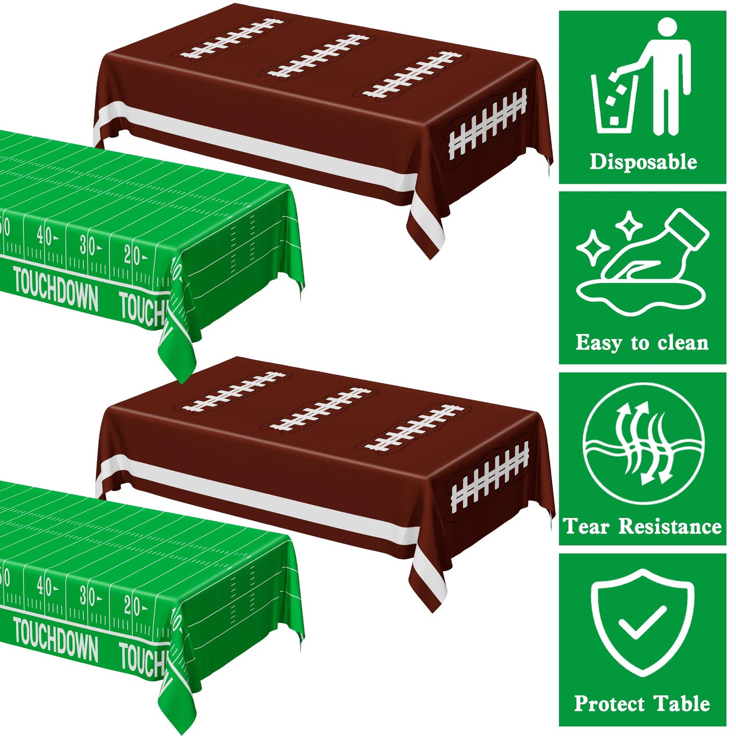 QZYL Football Party Supplies, Disposable Football Tablecloth, 4 PCS Table Cloth with 2 Styles, Touchdown Theme Tablecloths, Plastic Table Runner for Game Day Party Decorations