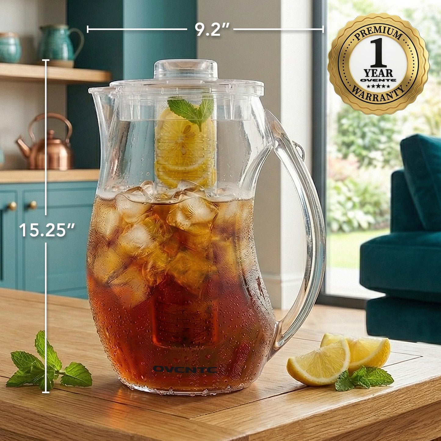 OVENTE Fruit Infusion Water Pitcher 2.5L/85Oz with Removable Lid and Infuser Rod, BPA-Free, Shatterproof Acrylic Beverage Jug for Flavor-Infused Drinks, Lemonade, Juice and Iced Tea, Clear PIA0852C