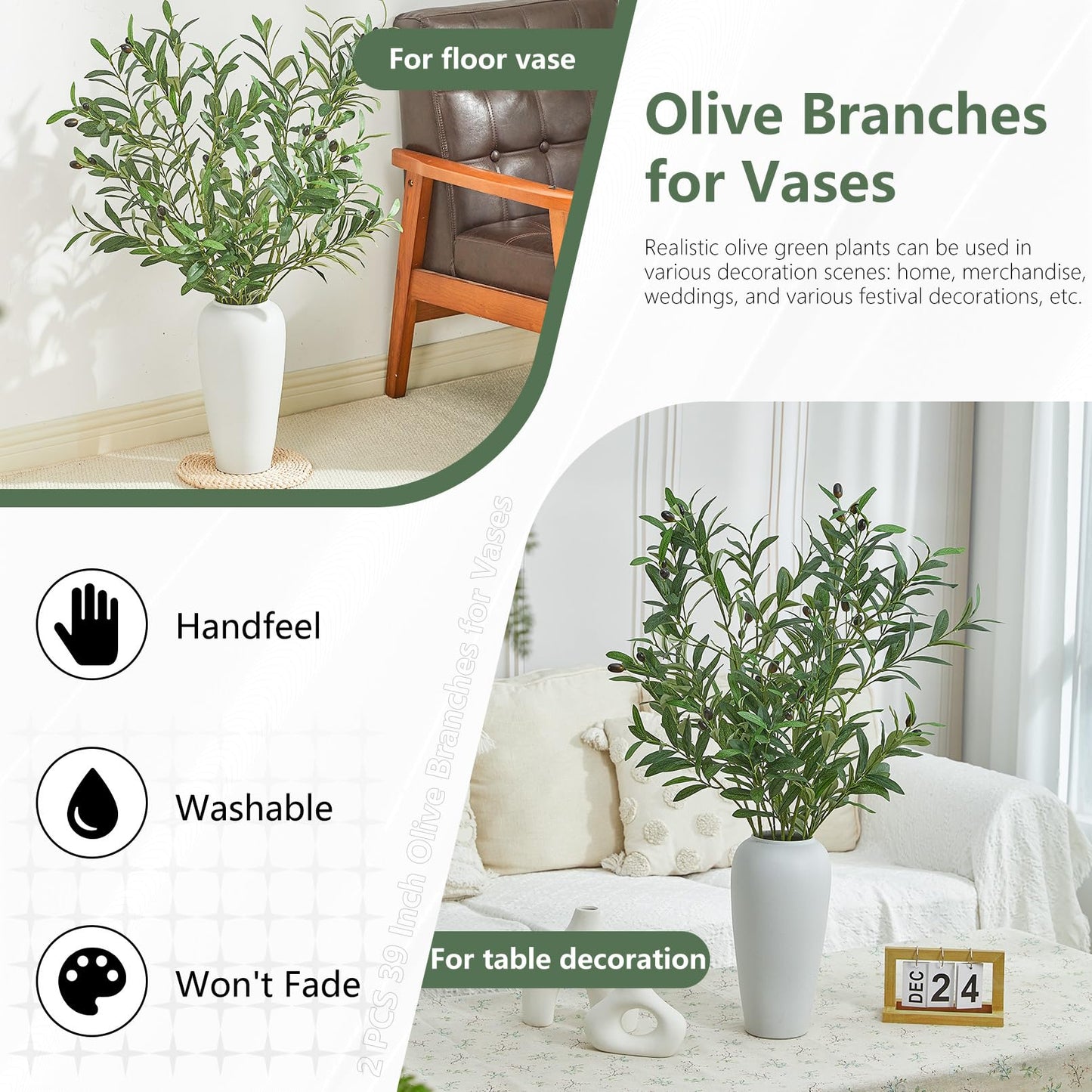Vicrol 2 PCS 39 Inch Faux Olive Branches Artificial Flowers Greenery Stems Olive Tree Branch for Vase Filler Home Decor Indoor