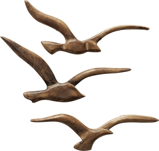 WHW Whole House Worlds MODERNIST HOME Flying Birds Wall Sculptures, Set of 3, Hand Carved, Solid Wood, Over 1 Foot Wide, 14.5 and 13.5 Inches, Abstract Home Decor
