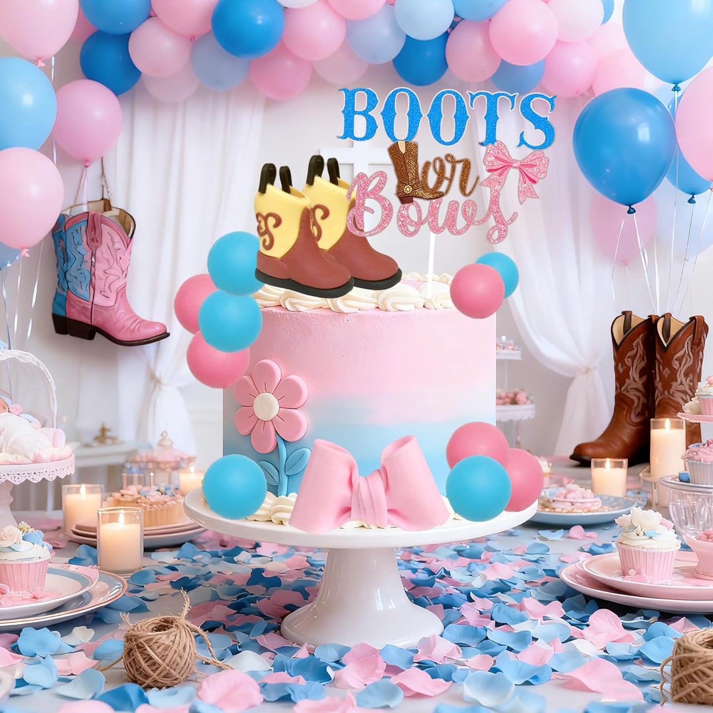 Regine Switzerland Gender Reveal Cake Decorations - Acrylic Boots & Bows Toppers Set for Baby Shower