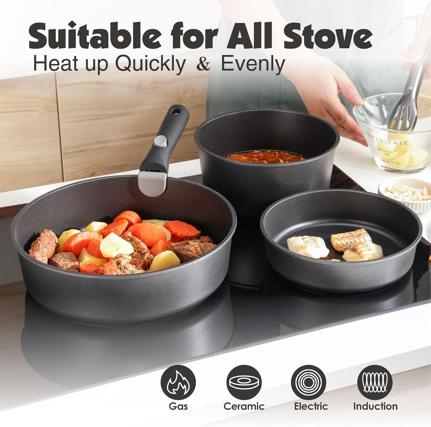 SENSARTE 24-Piece Nonstick Cookware Set - Detachable Handle, Induction & Oven Safe | Black