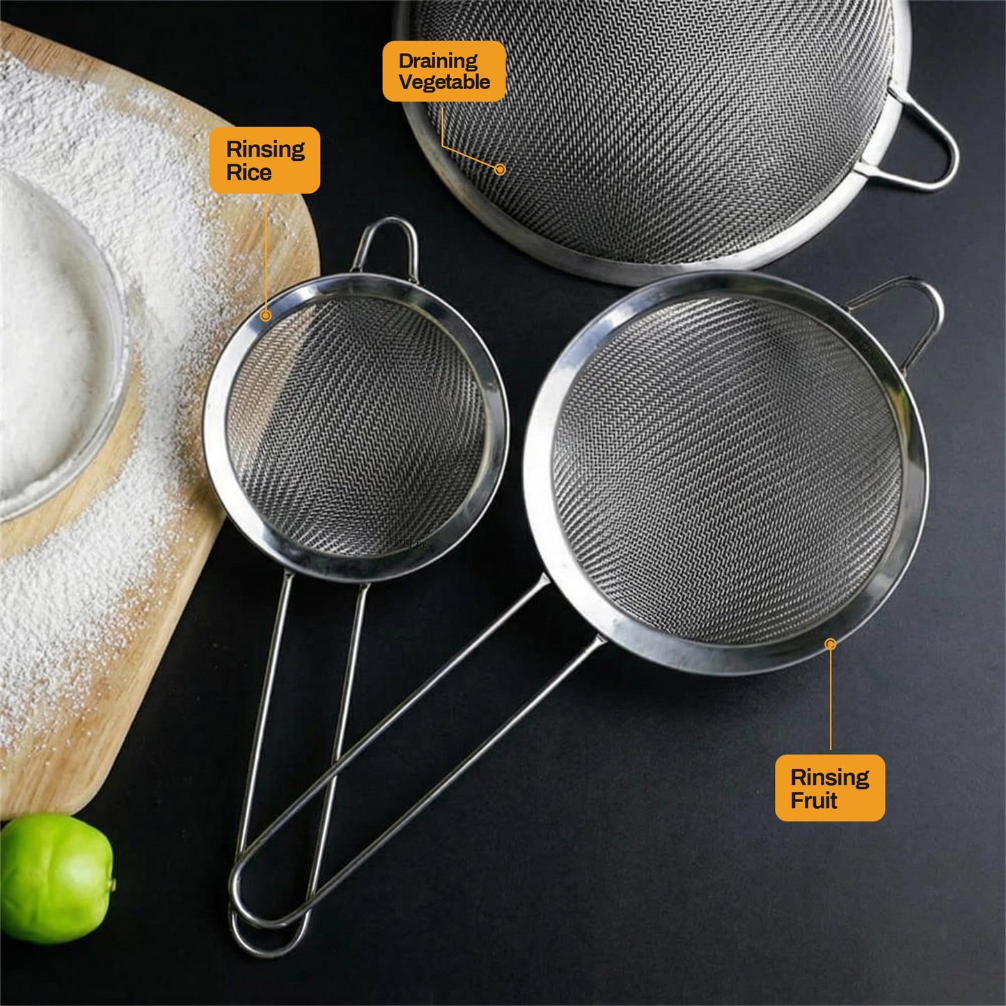 ELEEN Premium Stainless Steel Fine Mesh Strainers for Kitchen 3-Piece Set with Non-Slip Handle, Small, Medium & Large Sieves, Colanders and Sifter for Sifting, Straining, Pastas Tea, Rice Vegetables
