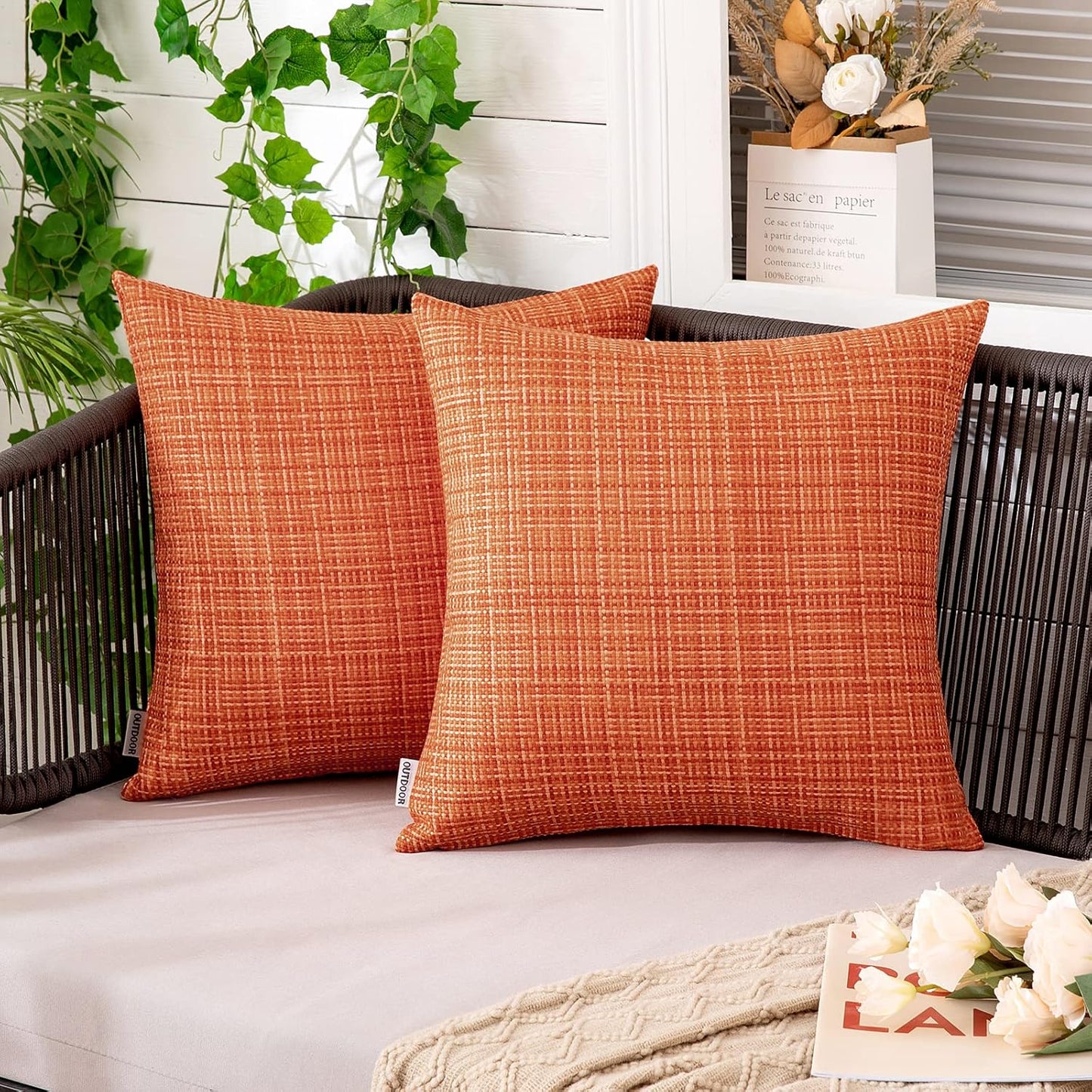 MIULEE Outdoor Waterproof Throw Pillow Covers - Decorative Farmhouse Cushion Covers | 16x16 Inch, Orange, Pack of 2