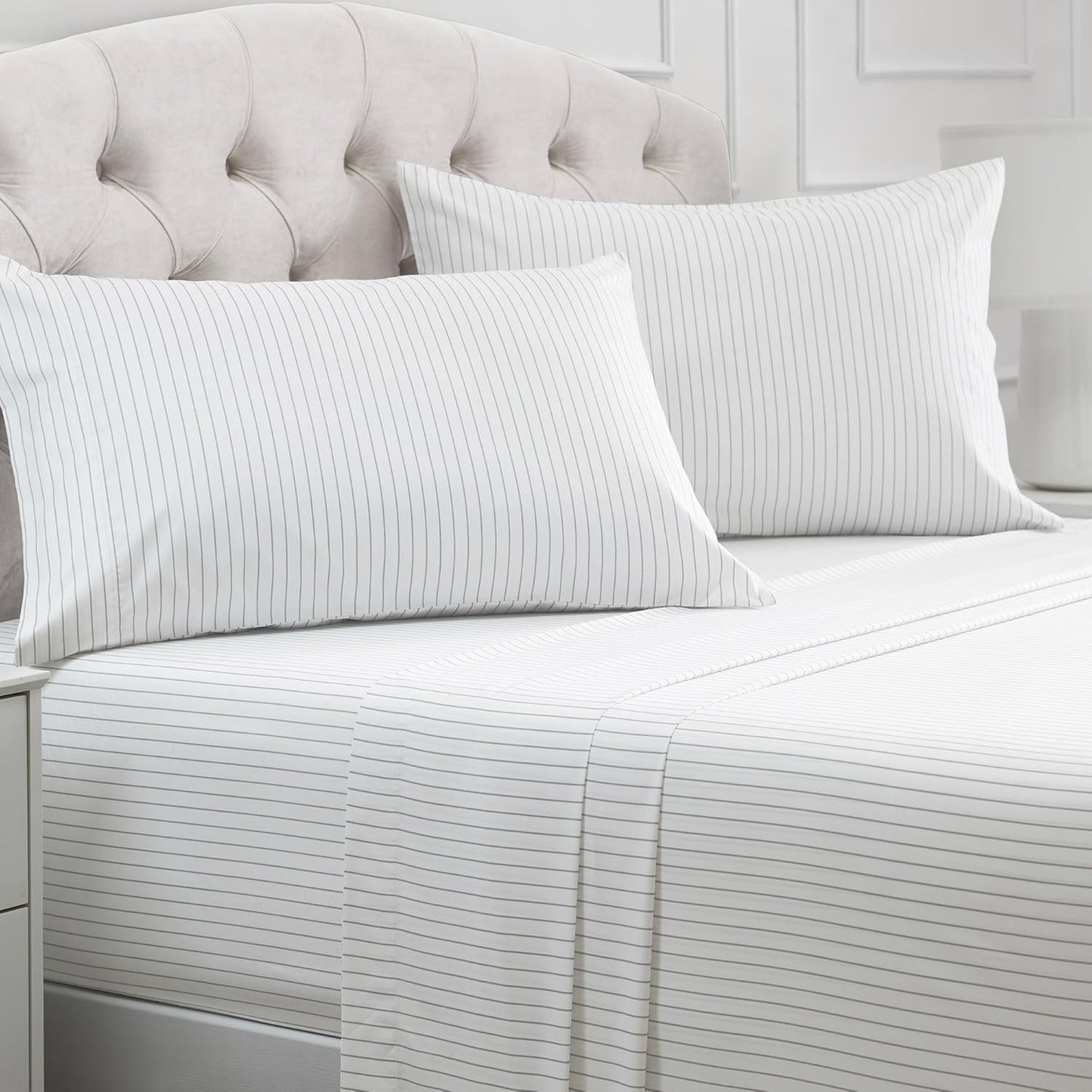 Mellanni California King Sheets Set - 4 PC Hotel Luxury Bedding | Extra Soft, Cooling, Wrinkle-Resistant (Pinstripe Gray)