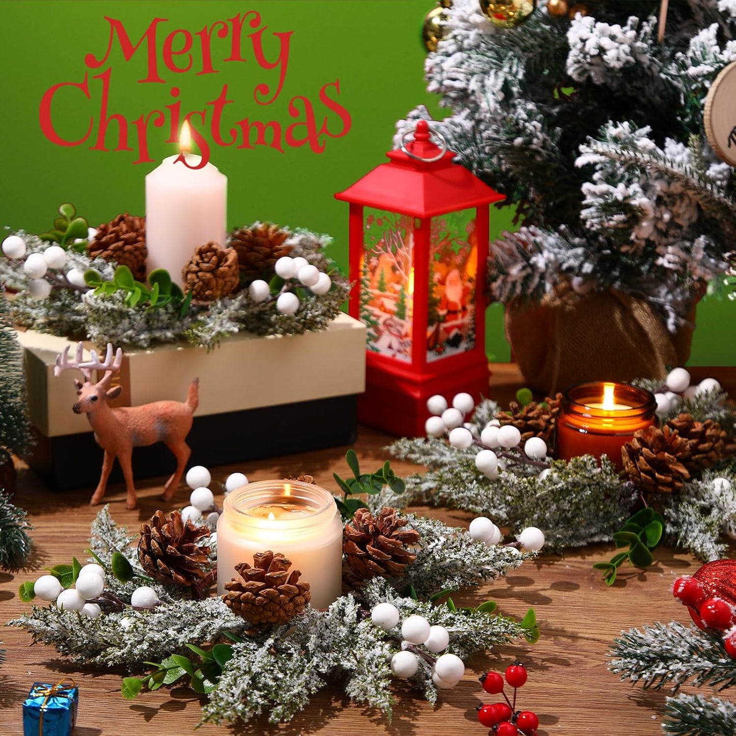 Vercraft 8" Christmas Candle Rings - Snowy Pine Garland with White Berries & Pine Cones | 6 Pcs Set for Festive Home Decor
