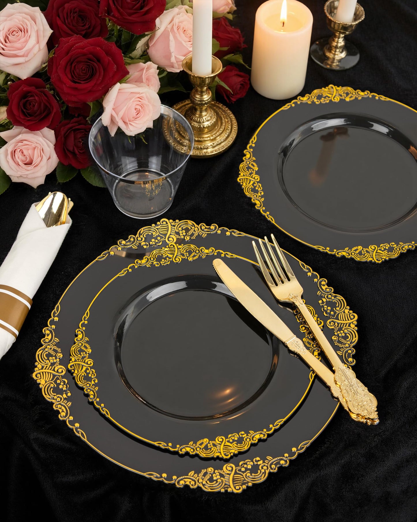 Nervure 175PCS Black Plastic Plates - Disposable Black Gold Party Plates & Pre Rolled Napkins with Cutlery for 25 Guests, 50Plates, 75Silverware, 25Cups, 25Napkin for Wedding & Party