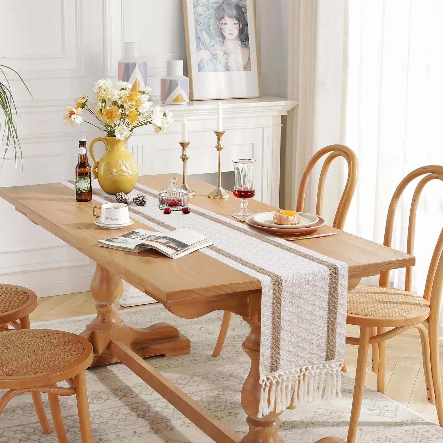 OTOSTAR Boho Table Runner with Tassels 72 Inches Long Farmhouse Rustic Table Runner Macrame Burlap Table Decoration for Home Decor Living Room Bridal Shower, Double Striped (12x72 Inches)