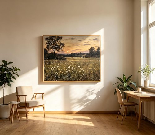 Framed Vintage Farmhouse Canvas Wall Art - Rustic Wildflower Field Landscape Painting | 16x24